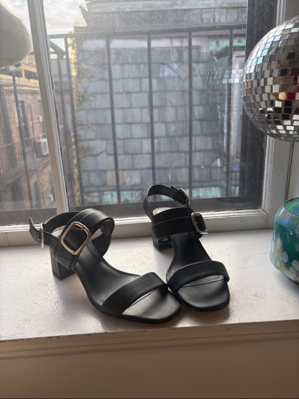 Black Buckle Strap Block Heel Sandals
